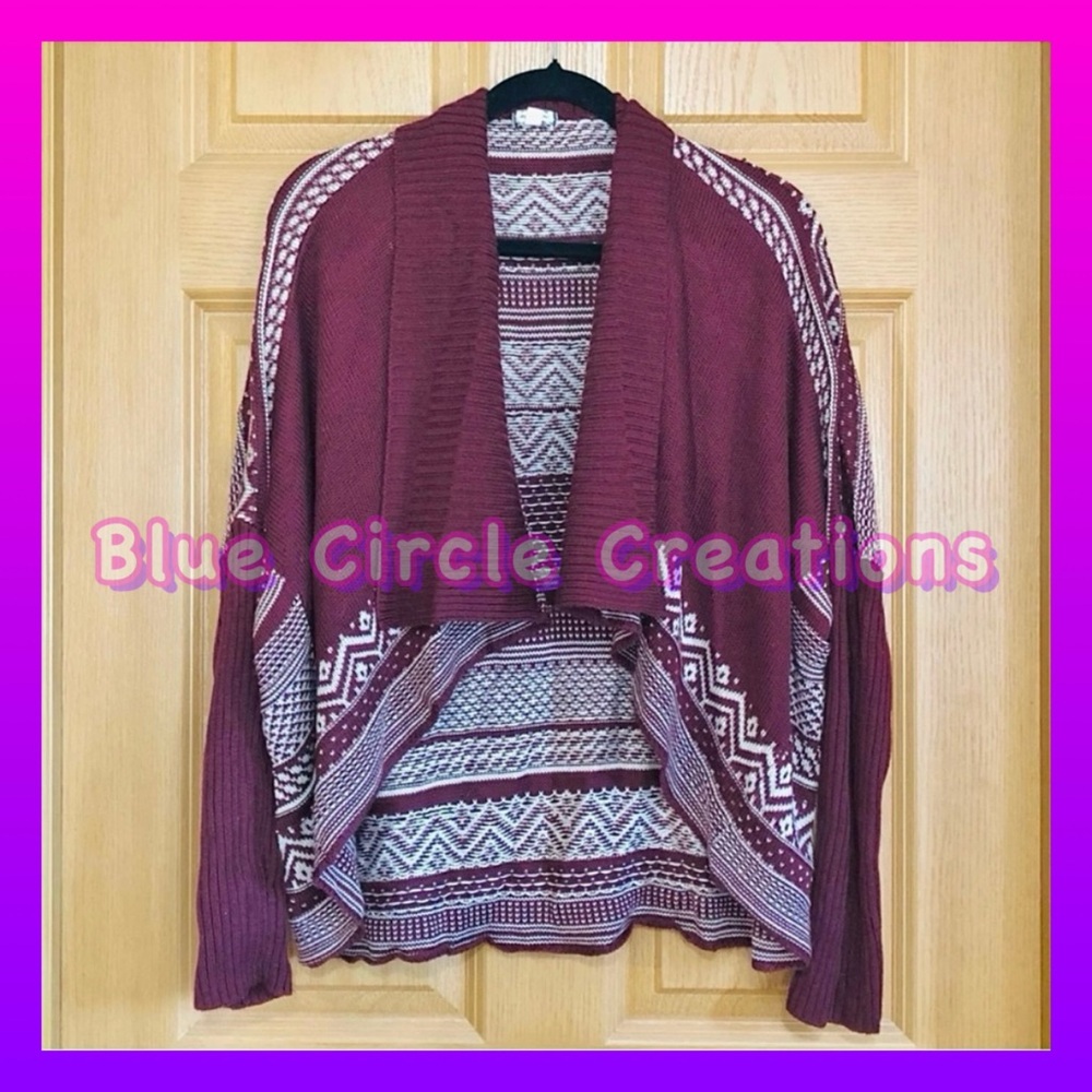 Eyeshadow Burgundy White Duster Cardigan Sweater Southwest Aztec Long Sleeves L